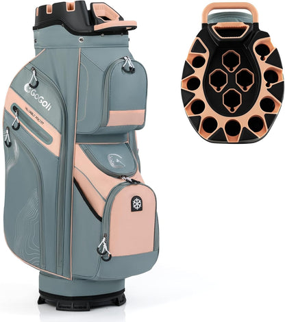 Tangkula Golf Cart Bag with 14-Way Full Length Dividers, 6 Molded Lock Top Golf Club Bag with 11 Pockets, Cooler Bag, Padded Strap, Handles, Umbrella Holder & Rain Hood