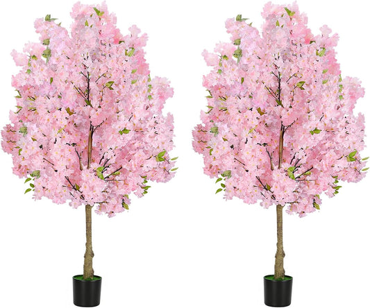 Set of 2 Pink Artificial Cherry Blossom Trees 4FT, Realistic Potted Faux Cherry Tree, Silk Flower Fake Tree, Artificial Plants for Home Office Wedding Party Indoor Outdoor Front Door Decoration