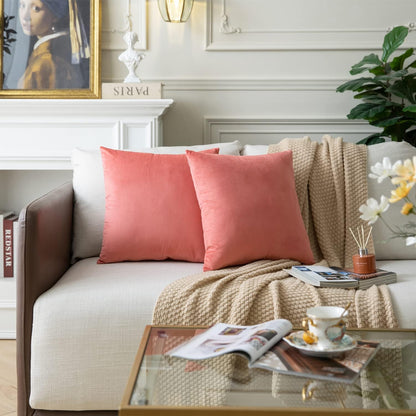 Set of 2 Salmon Pink Colored Solid Velvet Throw Pillow Covers, Cozy Soft Accent Pillow Cases for Sofa Couch Bed and Living Room - 18"x18"
