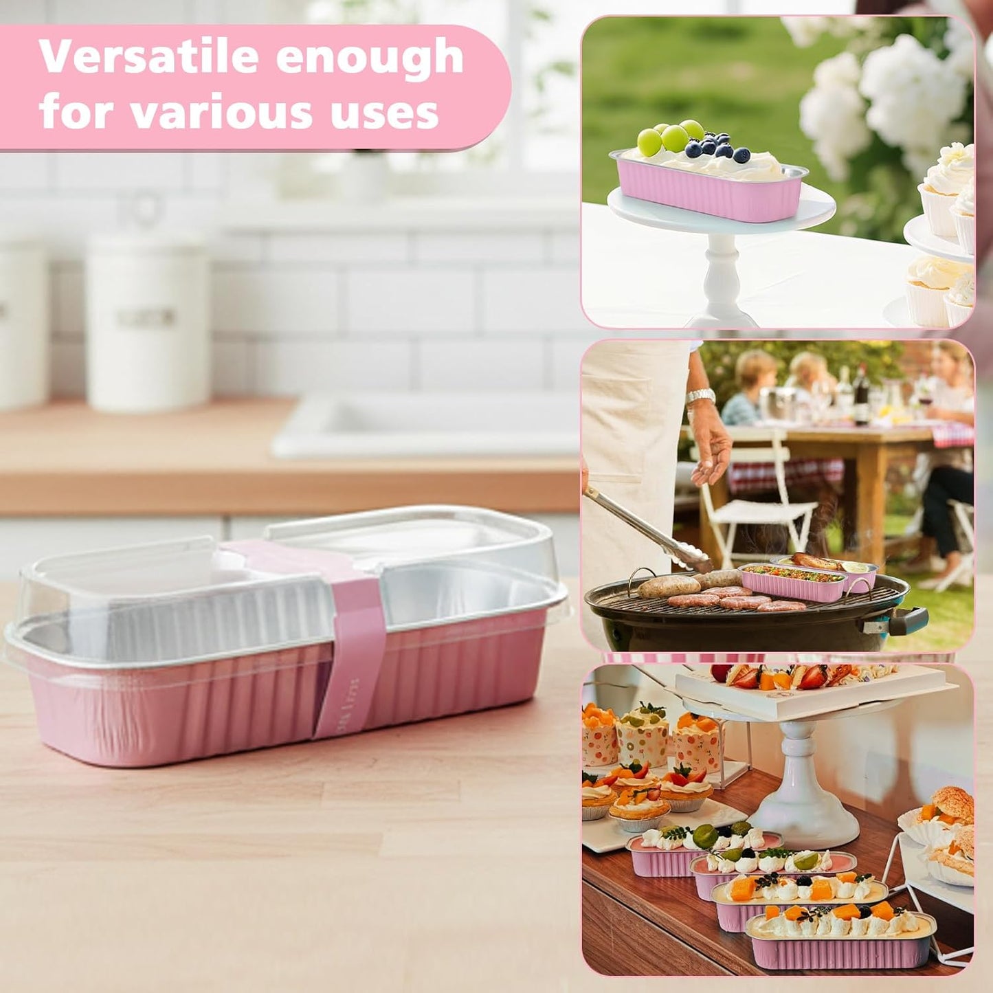 Ruckae 100 Pack Mini Loaf Cake Pan with Lids and Spoons Disposable Aluminum Tin Foil Pans Rectangle Mini Loaf Pans with Lids for Baking,Party,Picnics,Holidays (Pink)
