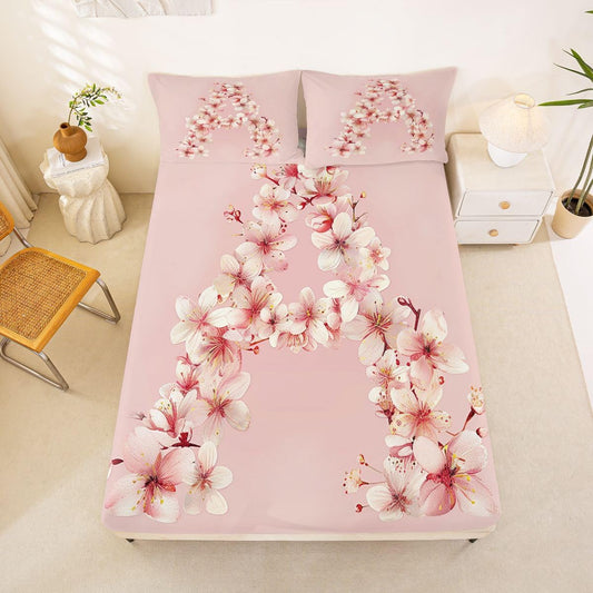 Feelyou Floral A Bed Sheets Set Queen Size Initial Letter Bed Set Romantic Flower Deep Pocket Fitted Sheet Breathable Soft Lightweight Microfiber