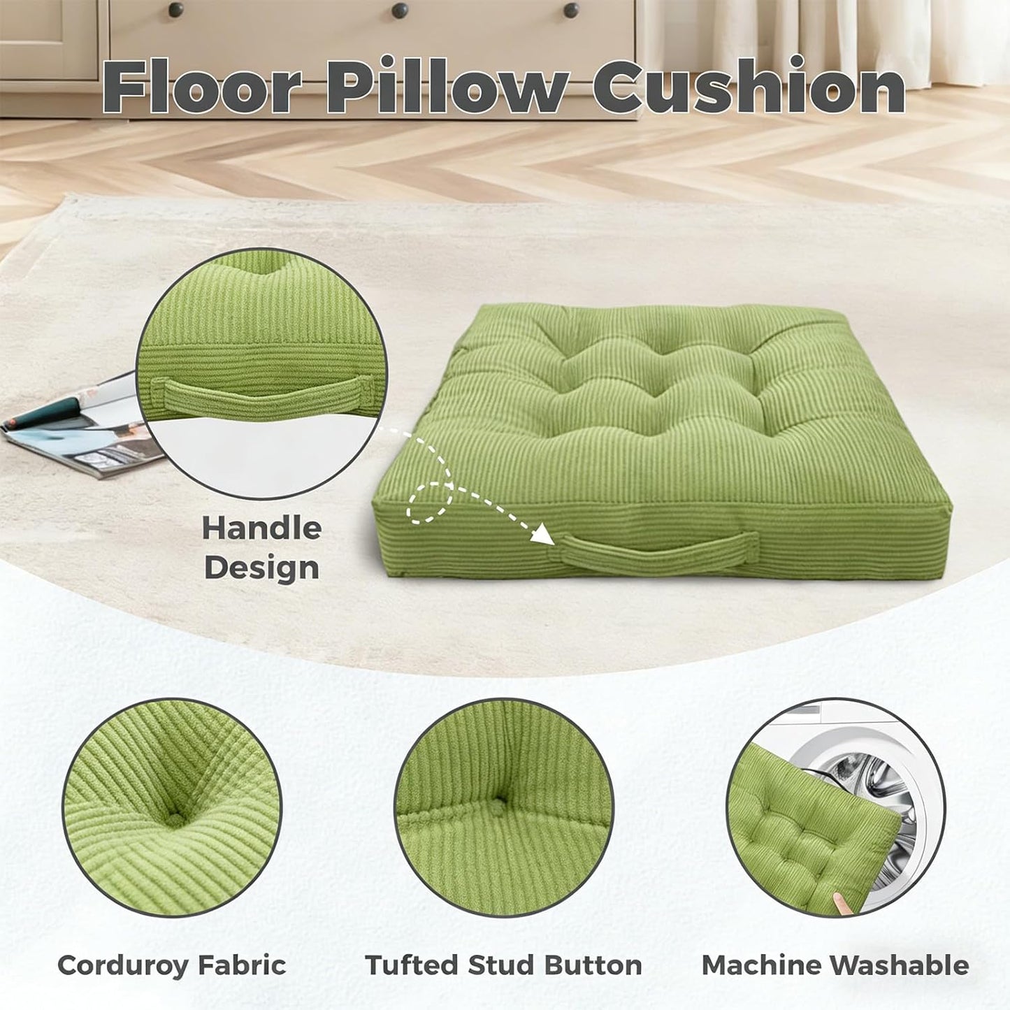 Floor Cushion Pink 18x18 Inch Floor Sitting Cushions 2-Pack, Tufted Corduroy Chair Pads with Handle, Machine Washable for Tatami Living Room Kitchen Seats