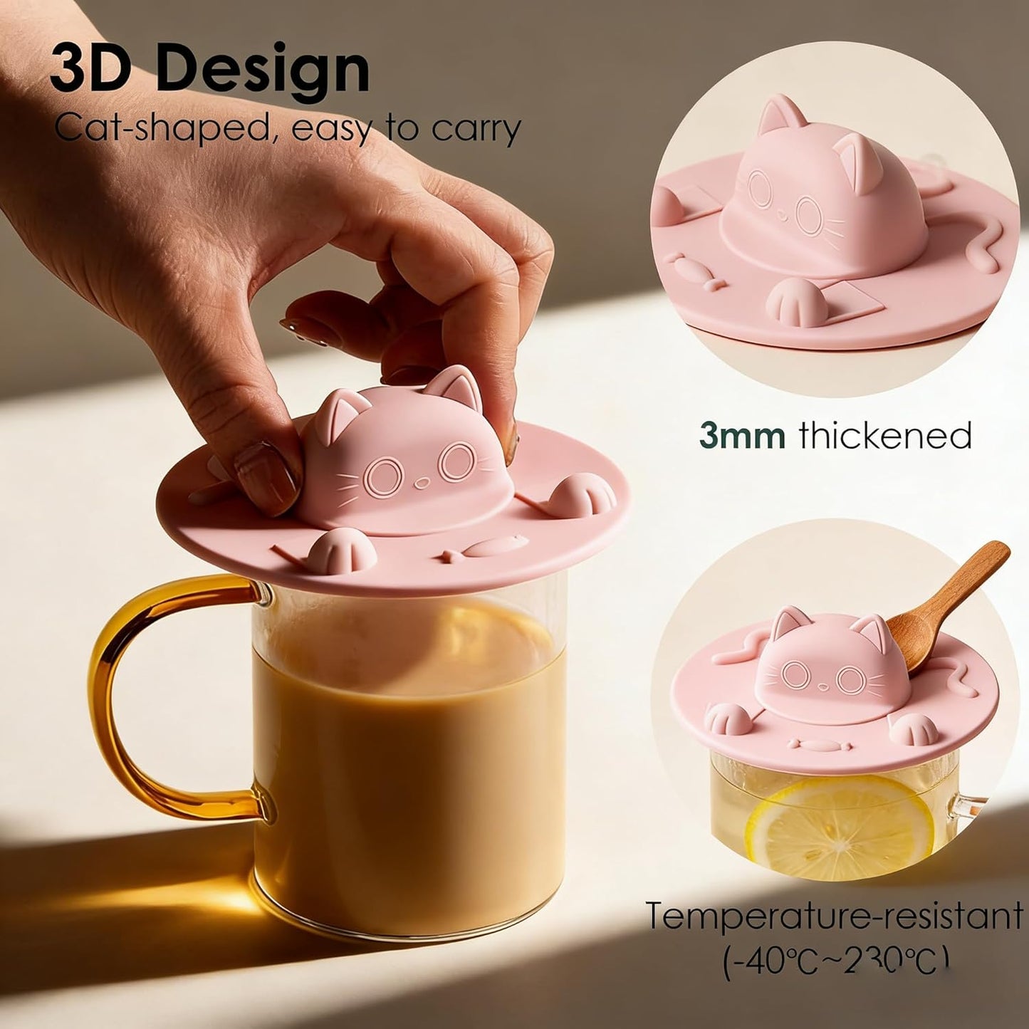 4PCS Silicone Tea Bag Holder, Cat-Designed Cup Cover with Tea Bag Holder Mug Lid for Coffee Milk Tea (Light Pink)