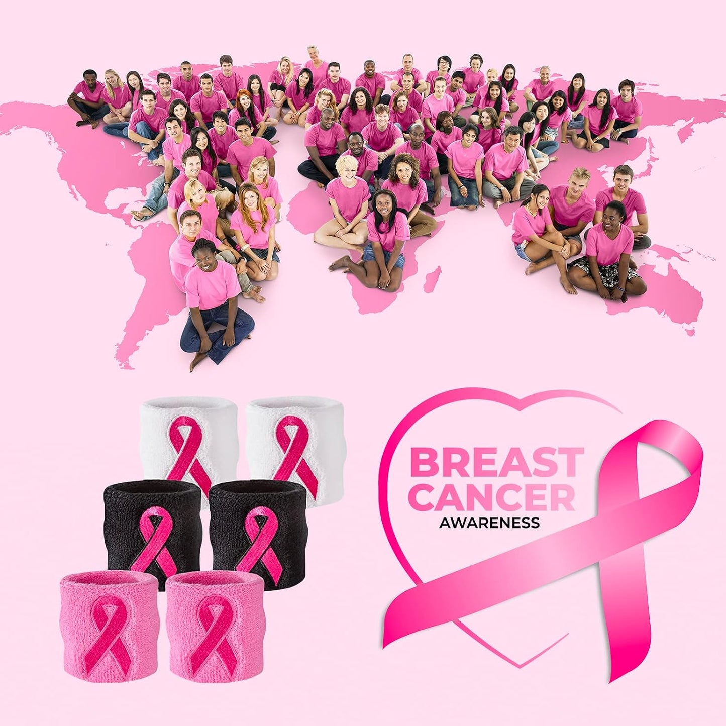 Suddora Pink Ribbon Wristbands - Bulk Breast Cancer Awareness Sweatbands