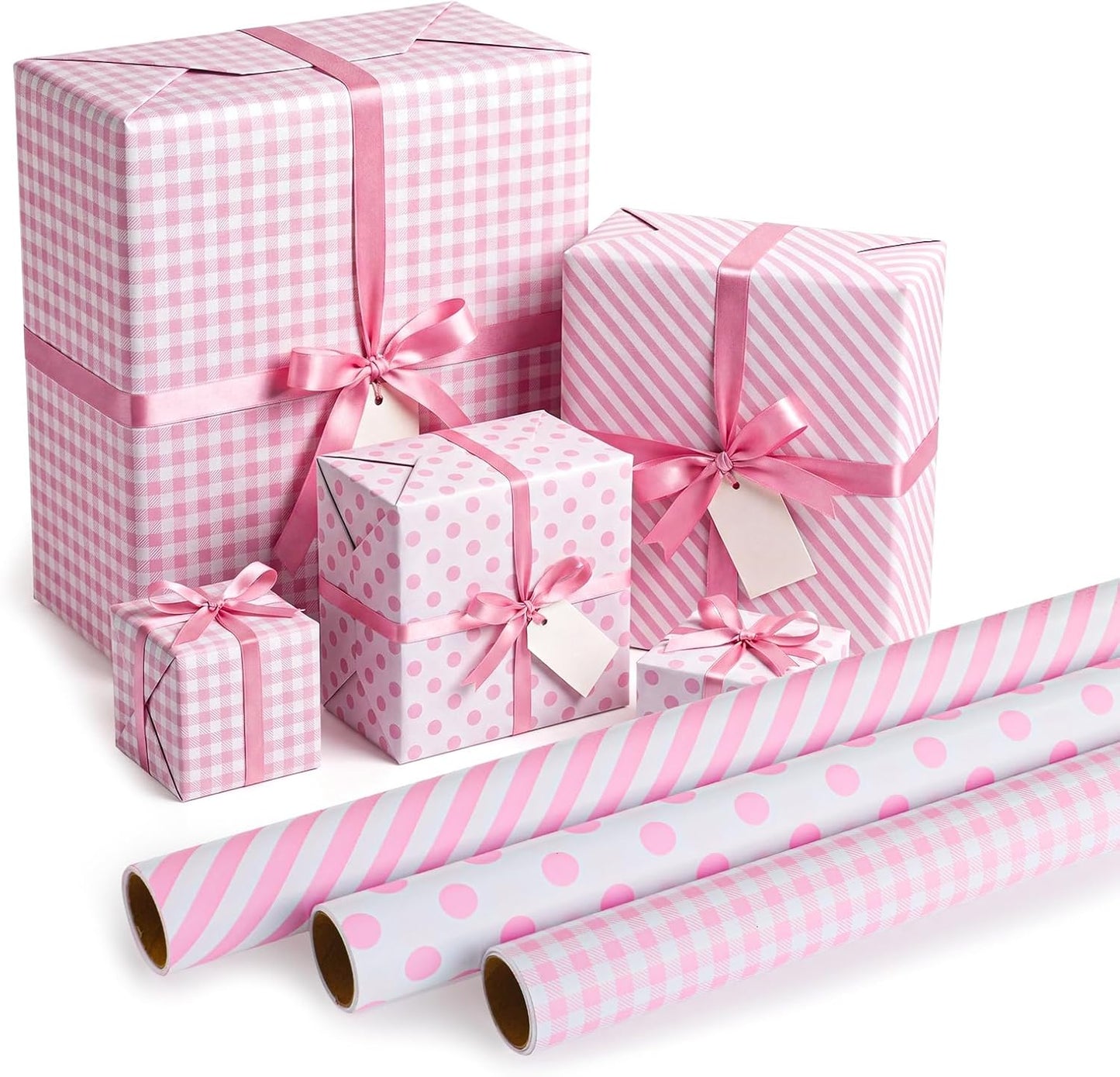 woric Pink Wrapping Paper - Mini Roll - Birthday Wrapping Paper Girls | Wrapping Paper with Gingham Stripe Polka Dot for Women Birthday Baby Shower Girl Wedding - 17 In x 120 In Per Roll