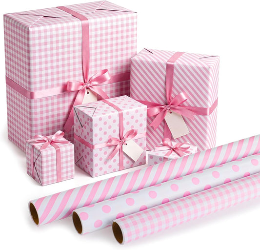 woric Pink Wrapping Paper - Mini Roll - Birthday Wrapping Paper Girls | Wrapping Paper with Gingham Stripe Polka Dot for Women Birthday Baby Shower Girl Wedding - 17 In x 120 In Per Roll