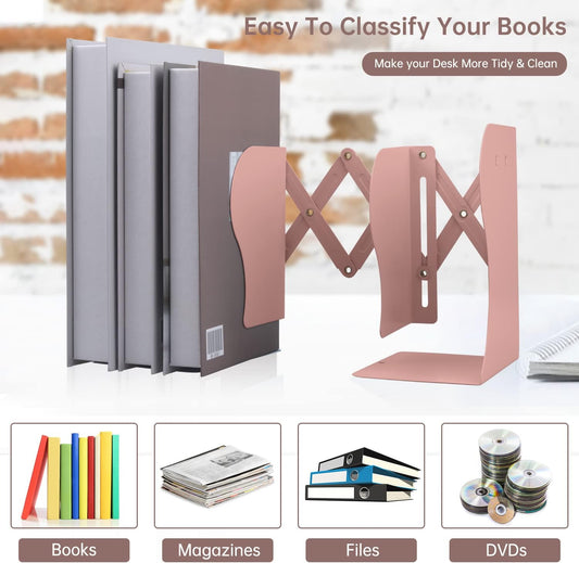 Adjustable Bookends, Metal Bookends for Heavy Books, Shelves, 2 Dividers, Expandable Book Organizer with Pen Holder for Desk, Office (19 inches Max) for 6 7 8 9-15 Boys, Girls, Pink