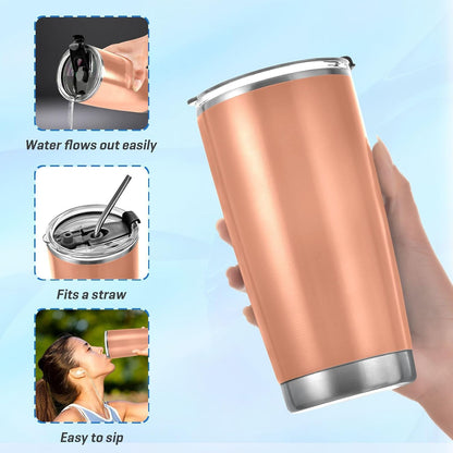 Qilmy Peach Color Tumbler with Lid and Straw, 20 oz Double Walled Insulated Stainless Steel Tumbler Travel Coffee Cup for Hot & Cold Drinks