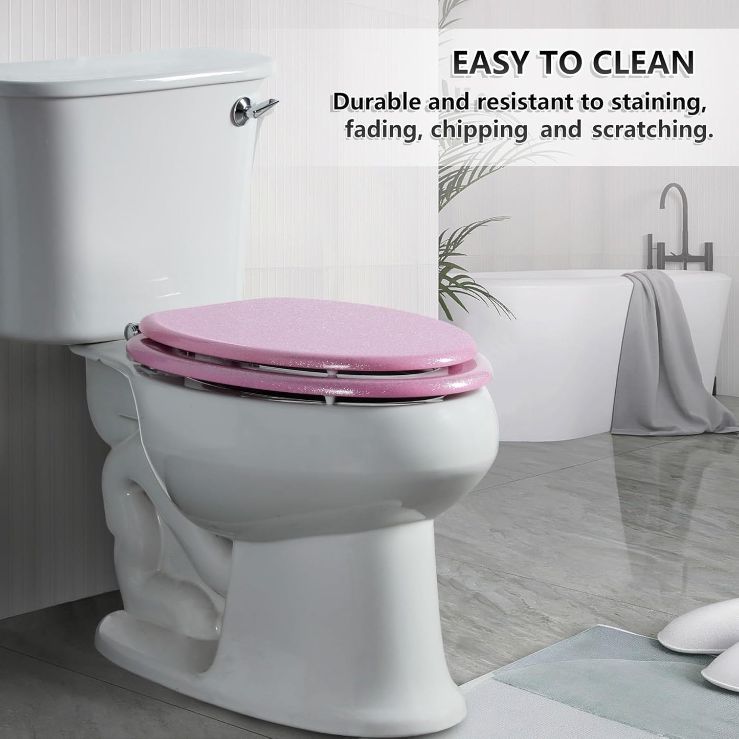 Angol Shiold Glitter Toilet Seat Molded Wood Elongated Toilet Seat with Quietly Close and Quick Release Hinges, Easy to Clean also Easy to Install (Elongated 18.5'', Pink)