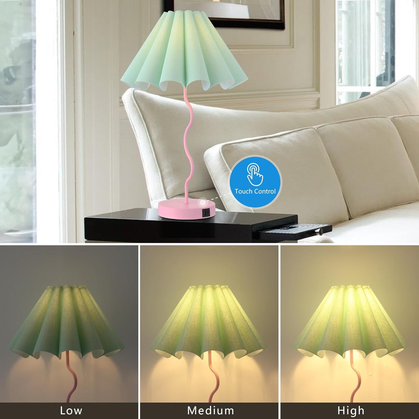 EOEYYOYB Table Lamp for Bedroom Nightstand Modern Touch Green Pink Lamp Dimmable Lamp for Living Room End Table with USB Port and Outlet