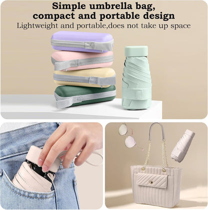 Travel Essentials Mini Umbrella for Purse with Case Small Compact UV Sun Protection Lightweight Tiny Pocket Manual Open Close Umbrella for Women Men Fits Purse Backpack