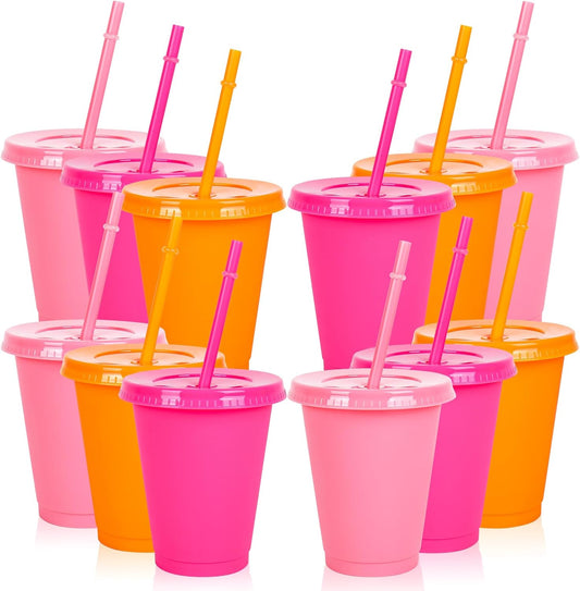 Whaline 18 Pcs Colored Plastic Cups with Lids Straws 16 Oz Light Pink Hot Pink Orange Cold Cups Plastic Tumbler for Home Office Party Supplies