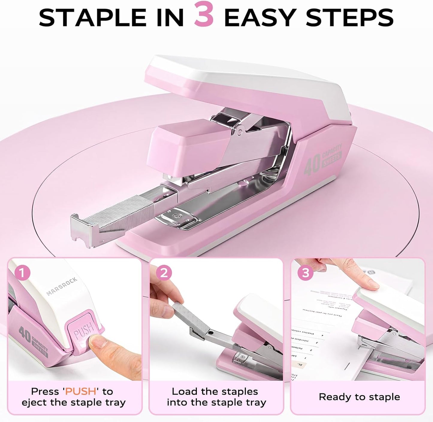 Effortless Stapler for Desk with 40-50 Sheet Capacity, 2000 Staples, 1-Touch Stapling, Ergonomic & Easy to Load Desktop Staplers, Heavy Duty Stapler, and Magnetic Staple Remover, Pink