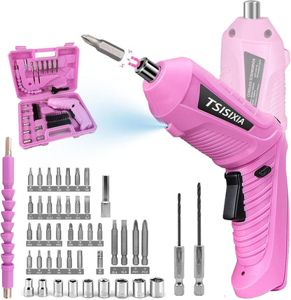 Electric Cordless Screwdriver with Offset Driving Shaft, 4.2V Automatic Rechargeable Screw Driver with 47PCS Bits, Battery Powered Automatic Screw Gun with LED Light & Carry Case Pink Screwdriver Set