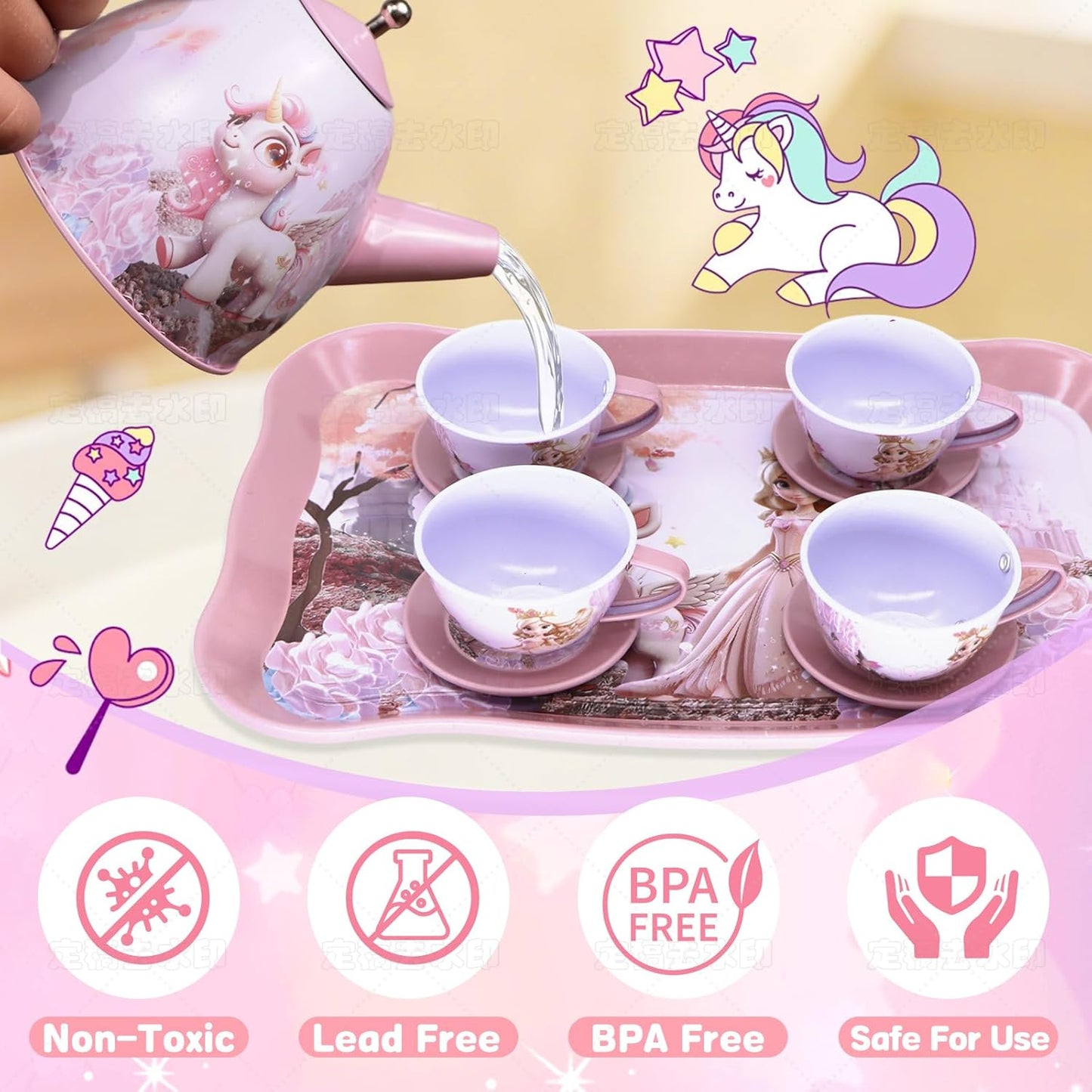 Unicorn Tea Party Set for Girls, Pretend Play Toy with Pink Tin Teapot, 4 Cups & Plates, Portable Carrying Case, Educational Gift for Toddlers Ages 3 4 5 6 7 (Swn)