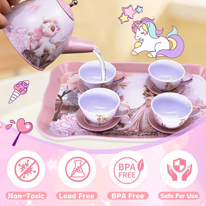 Unicorn Tea Party Set for Girls, Pretend Play Toy with Pink Tin Teapot, 4 Cups & Plates, Portable Carrying Case, Educational Gift for Toddlers Ages 3 4 5 6 7 (Swn)