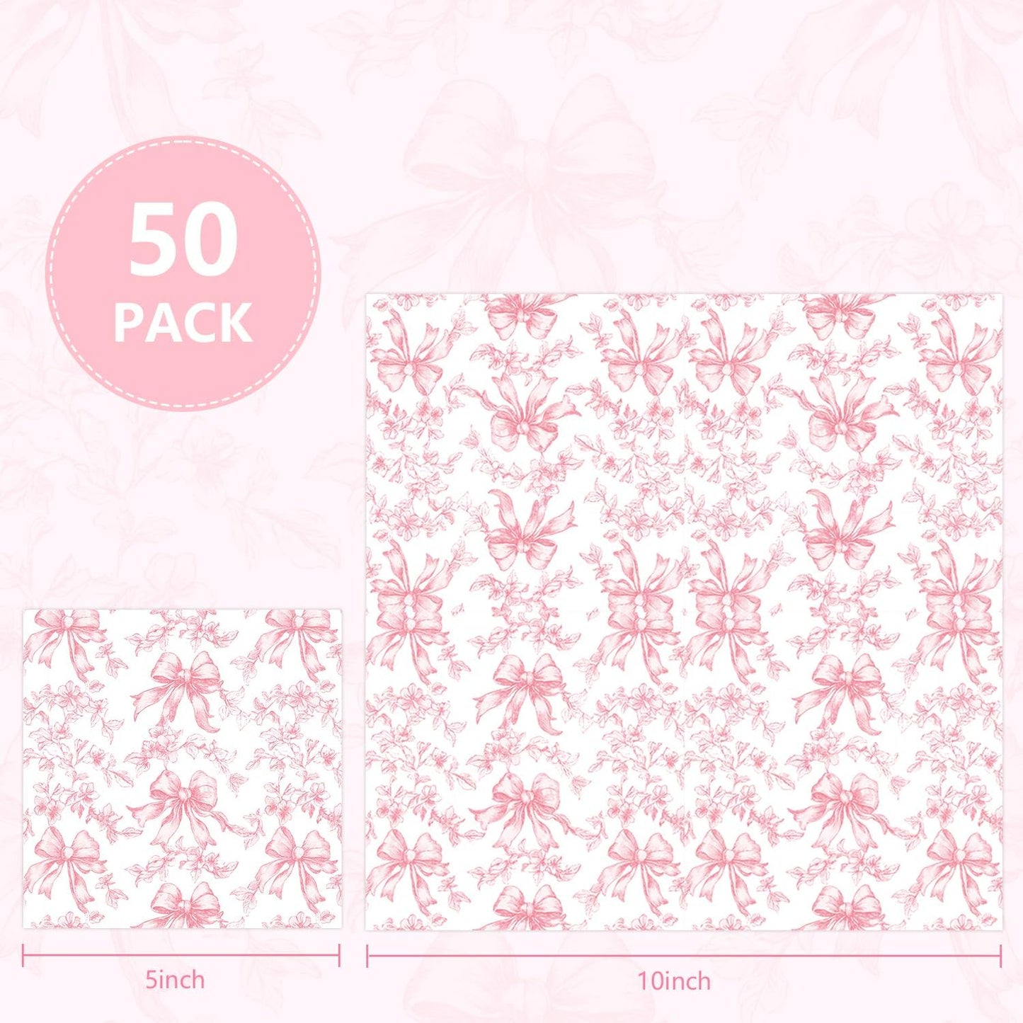 Quera Pink Bow Napkins Cocktail Floral Coquette Party Favor for Baby Shower | 50 Pcs Paper Toile Napkin for girl Bridal Birthday White Bows