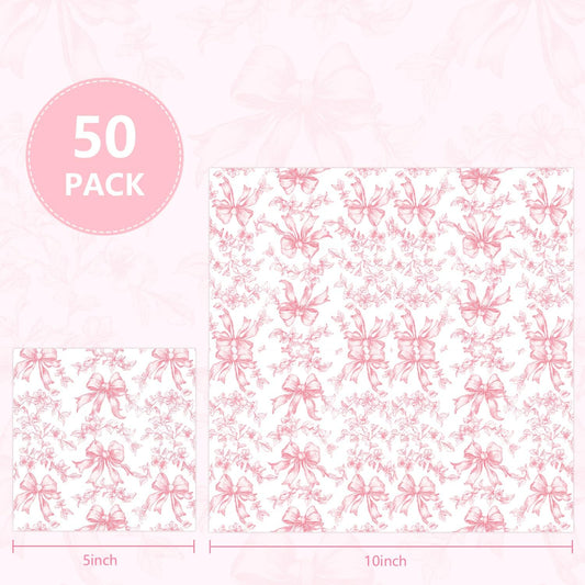 Quera Pink Bow Napkins Cocktail Floral Coquette Party Favor for Baby Shower | 50 Pcs Paper Toile Napkin for girl Bridal Birthday White Bows