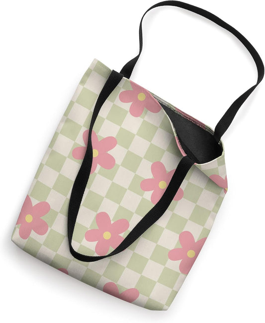 Aesthetic Checker Retro Groovy Flowers in Cream Peach colors Tote Bag