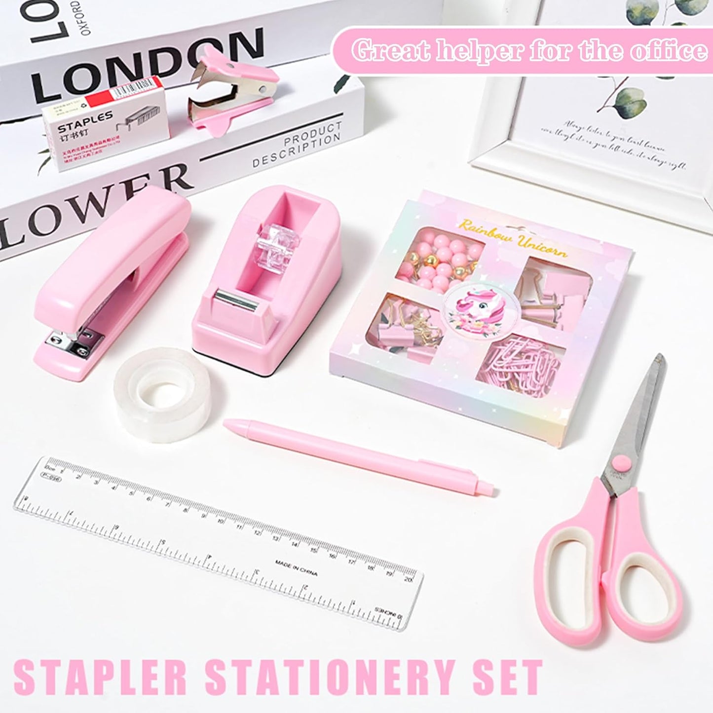 COMFYROOM Pink Desk Accessories with Pen Holder, Pink Office Supplies Desk Organizers and Accessories for women, Tape Dispenser, Stapler, Staple Remover, Staples, Clips Set, Ruler, Scissor, Pen, Tape