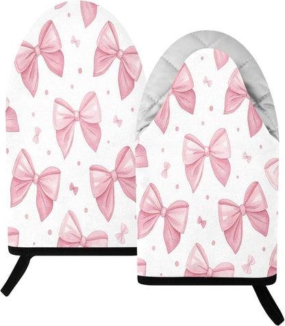 Bows Pink Non-Slip Oven Mitts Set Heat Resistant Kitchen Gloves with Quilted Liner Cotton Machine Washable with Hanging Loop for Baking Grilling BBQ