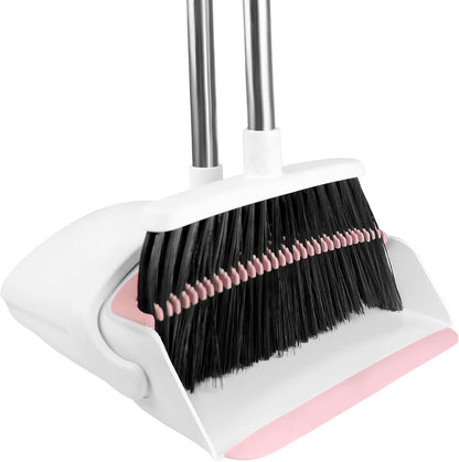 Broom with Dustpan Combo Set for Home, 52-in Long Handle Adjustable Broom and Dustpan Set with Dustpan Teeth for Sweeping Pet Hair Food Dirt Kitchen (Pink)