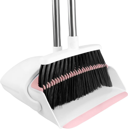 Broom with Dustpan Combo Set for Home, 52-in Long Handle Adjustable Broom and Dustpan Set with Dustpan Teeth for Sweeping Pet Hair Food Dirt Kitchen (Pink)
