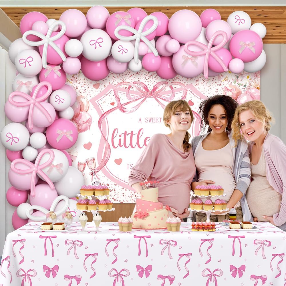AIBIIN 120Pcs Pink Baby Shower Decorations for Girls, Pink Bows A Sweet Little Girl is on The Way Coquette Backdrop Balloon Set with Bow Tablecloth Newborn It's A Girl Party Banner Photo Booth Props