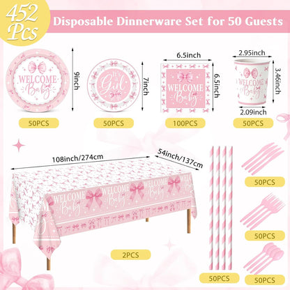 Ceenna 452 Pcs 50 Guests Pink Bow Baby Shower Decoration Girl, Pink Bow Welcome Baby Shower Plate Napkin Cup Tablecloth Cutlery Straw It's a Girl Disposable Tableware for Gender Reveal Party Supply