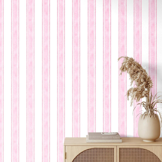 Affrolling Striped Peel and Stick Wallpaper Watercolor Stripe Self Adhesive Wallpaper Decal for Bedroom Cabinet Drawer Furniture Wall Decor, 15.75'' x 118.11''(Pink)