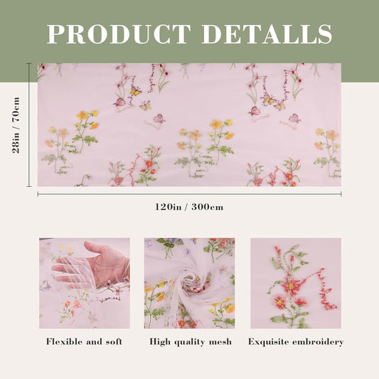 10Ft Generic Wildflower Embroidery Table Runner Butterfly Decor Bohemian Table Runner for Dining Room Coffee Table Wedding Party Home Decor (Light Pink-1Pc)