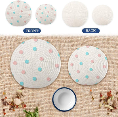 Cotton Trivets Mats 2 Pcs, Light Pink Polka Dot Pure Cotton Weave Trivets for Hot Pots and Pans, Pure Stylish Coasters Home Essentials for Table Counter Cooking
