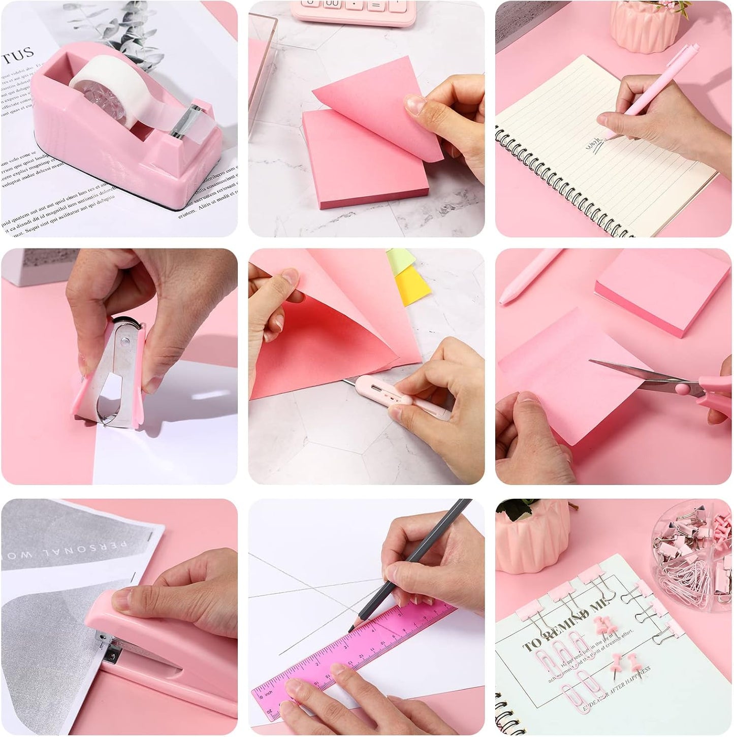Sabary 12 Pcs Pink Desk Accessory Kit Include Stapler with Staples Tape Dispenser Staple Remover Sticky with Box Paper Clips Pen Kit Scissors Box Cutter Calculator Office Desk Supplies Christmas Gift