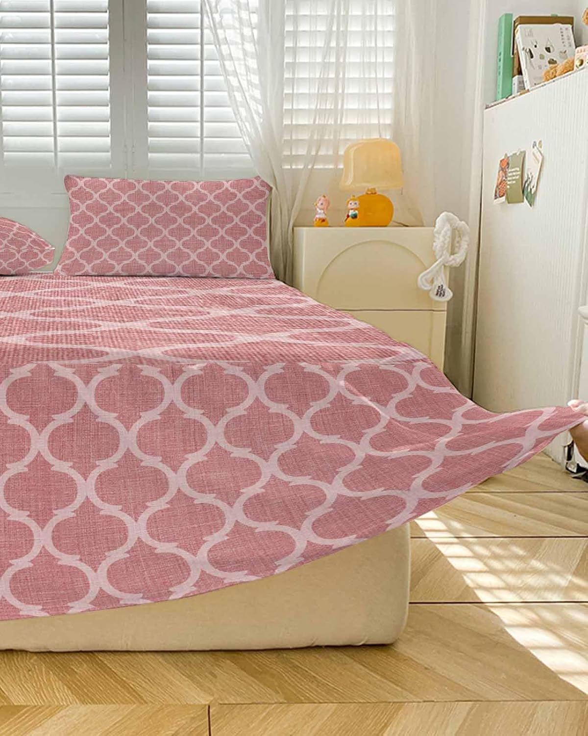 Bed Skirt for Twin Size Bed 18 Inches Drop Moroccan Texture Ruffled Bedding Sheet Sets Soft Bedspread Retro Peach Pink Linen Wrap Around Bed Skirt Sheet Set with 2 Pillowcases for Bedroom 39x75 Inch