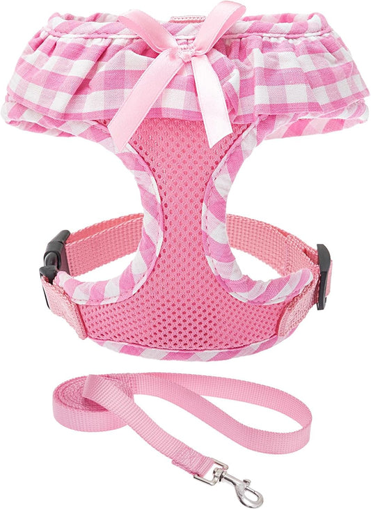 EXPAWLORER Cute Dog Harness and Leash Set - Pink Girl Dog Harness Checkered Step-in Design, Easy Adjustable No-Choke Lightweight Breathable Vest for Puppy Small Dogs Cats Outdoor Walking, Small