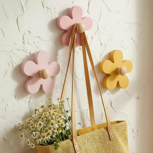 AceOrbit Pcs Daisy Wall Hooks Wood Flower Towel Hooks Cute Flower Decorative Wall Mount Hangers for Bathroom Kitchen Bedroom Home Entryway Decor (3,Yellow, Pink, Purple)