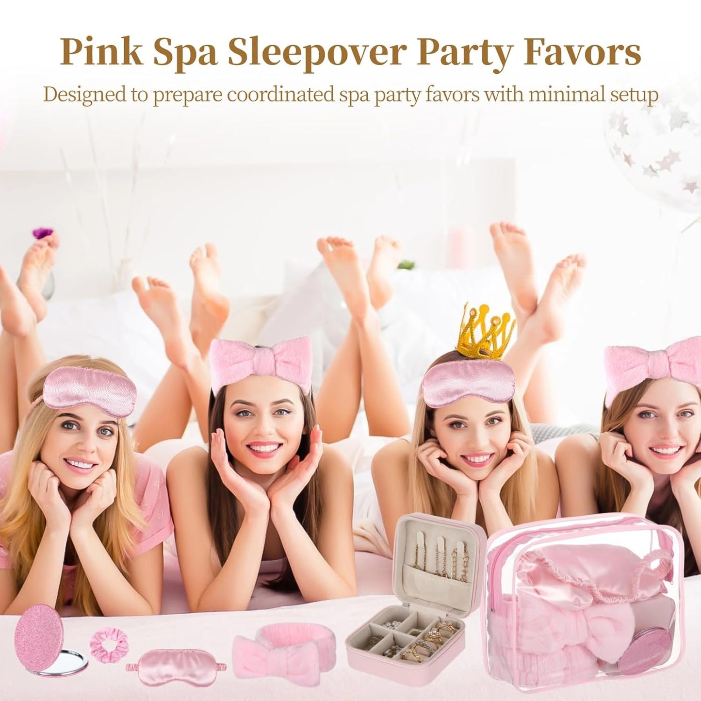 6 Sets Pink Spa Party Supplies for Women, Spa Favor Kit with Jewelry Box Headband Eye Mask Glitter Mirror Hair Tie Clear Zipper Bag, DIY Spas Present Set for Sleepover Bridal Shower Slumber Party