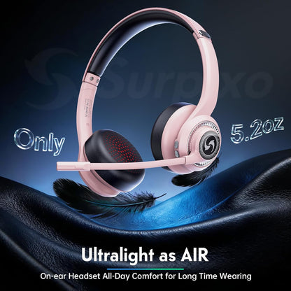 Wireless Headsets with Microphone, Ultra Lightweight& 50+ Playtime, Wireless Headset for Cell Phones, On Ear Bluetooth Headphone Fit for PC/Call Center/Computer/Laptop/Teams - Light Pink