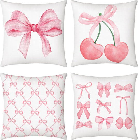 Mixweer 4 Pcs 18 x 18'' Coquette Pillow Covers Pink Bow Pillow Covers Watercolor Aesthetic Room Decoration for Bedroom Livingroom Bedroom Decor