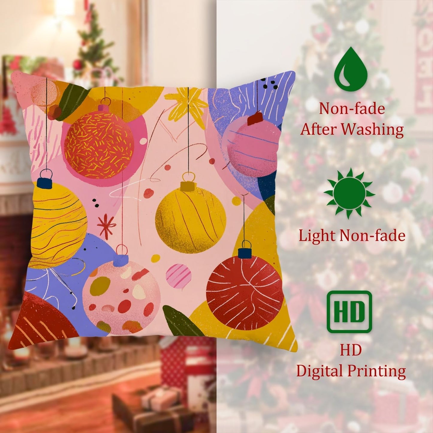 Christmas Ornament Throw Pillow Covers Set of 2, Festive Modern Flower Star Xmas Peach Soft Velvet Washable Couch Pillow Covers for Living Room Apartment Bed Sofa Decor 22x22 Inch