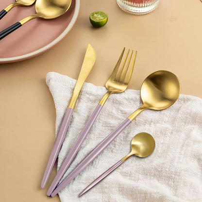 24-Piece Flatware Set, Gold Flatware Set for 6,Pink and Gold Spoons, Stainless Steel Knife Fork Spoon, Home Dinnerware Tableware Set for 6, Cutlery Set, Include Knives/Forks/Spoons Gold/Pink