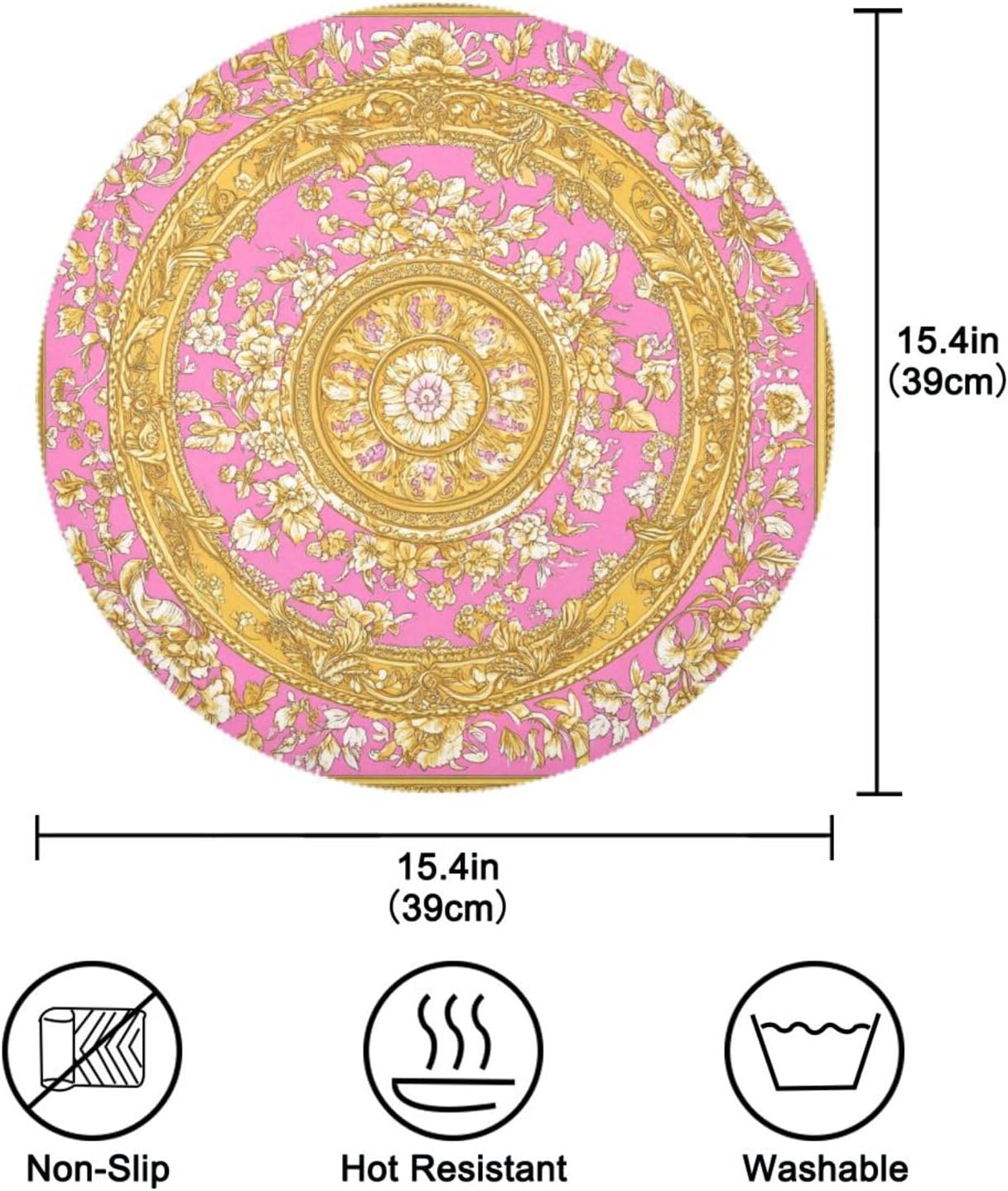 Retro Flower Pattern Gold and Peach Round placemats Cloth Reusable Place mats Washable placemats for Dining Table placemats for Dining Table Farmhouse placemats Heat Resistant Waterproof
