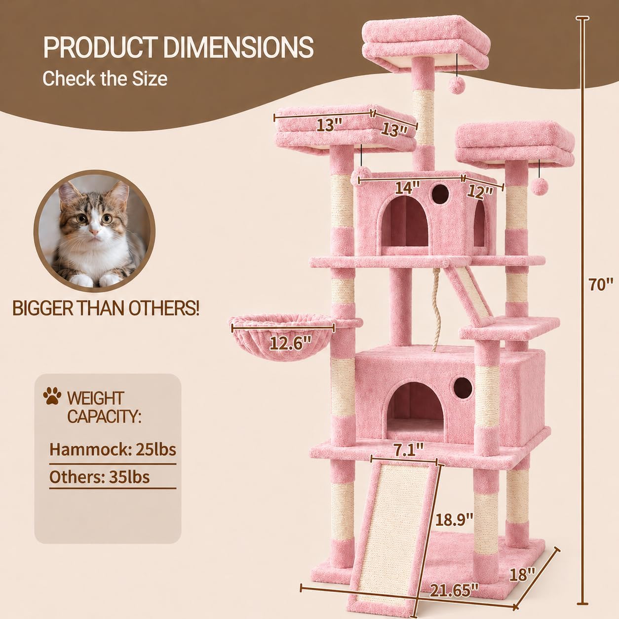 70 Inch Tall Cat Tree Tower for Indoor Cats, Multi-Level Large Cat Condo with Scratching Posts, Hammock & Perches, Sturdy Activity Center for Big Cats/Pink