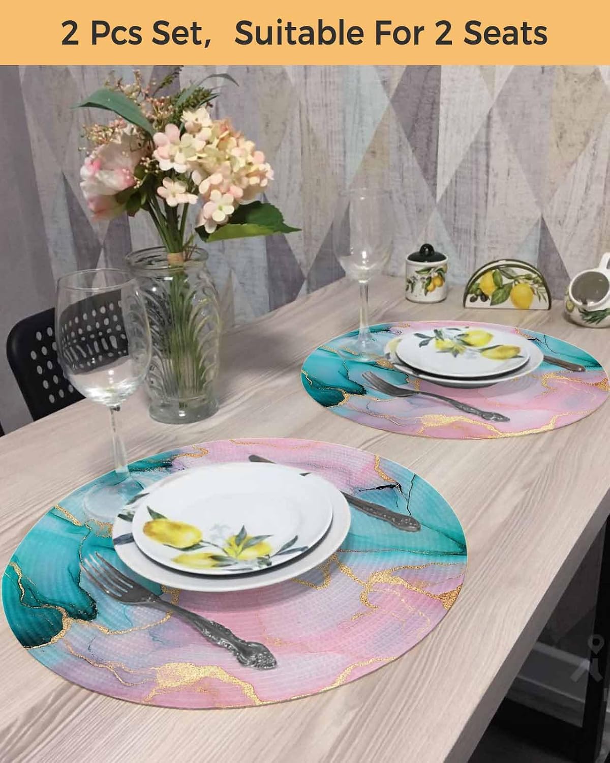 Teal Pink Marble Round Placemats Set of 2 Abstract Ink Painting Modern Luxury Place Mats Indoor Woven Table Mats Washable Heat-Resistance Braided Dining Table Placemats for Kitchen Holiday 15 Inch