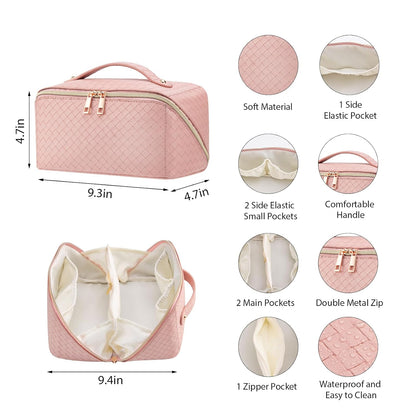 Large Capacity Travel Makeup Bag for Women, Waterproof Portable Cosmetic Bag with Compartments, Foldable Flat Lay Design for Easy Access, Perfect for Toiletries & Beauty Essentials (Pink)