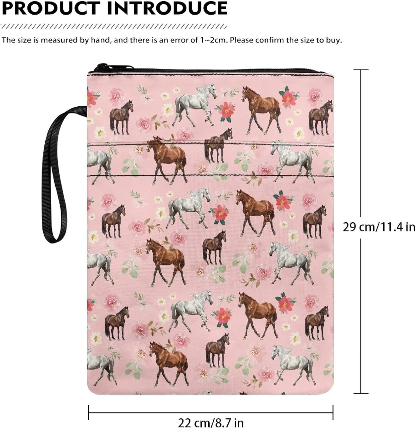 Renewold Pink Floral Horse Book Covers Sleeve Book Bag Suitable for Most Hardcover Paperback Textbook Notebook Novel Bible Pouch with Back Pocket Wrist Lanyard