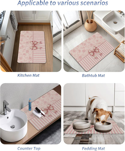Pink Bowknot Stone Bath Mat, Distressed Rustic Pink Floral Stripes 24" x 36" Super Absorbent, Dries Quickly, Non-Slip Diatomaceous Earth Bath Mats for Bathroom Kitchen Laundry
