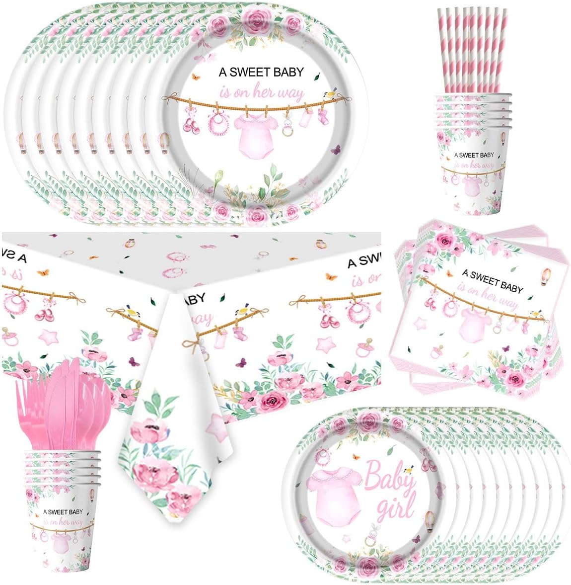 141Pcs Pink Baby Shower Decorations, Sweet Girl Tableware Set , Girls Gender Reveal Party Decorations Supplies