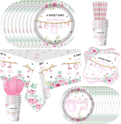 141Pcs Pink Baby Shower Decorations, Sweet Girl Tableware Set , Girls Gender Reveal Party Decorations Supplies