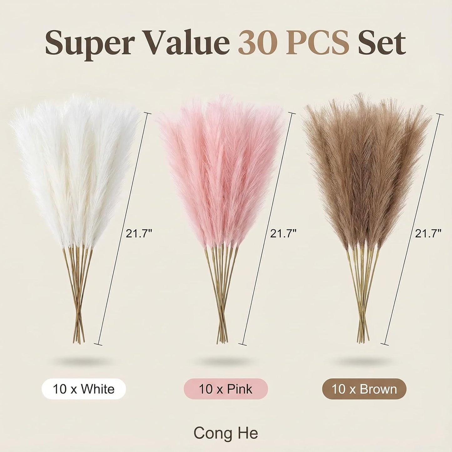 Pampas Grass Decor 30pcs 21.7 Inch, Faux Pampas Grass White Pink Brown Artificial Dried Flowers Fluffy No Shedding for Boho Wedding Home Bedroom Vase Filler